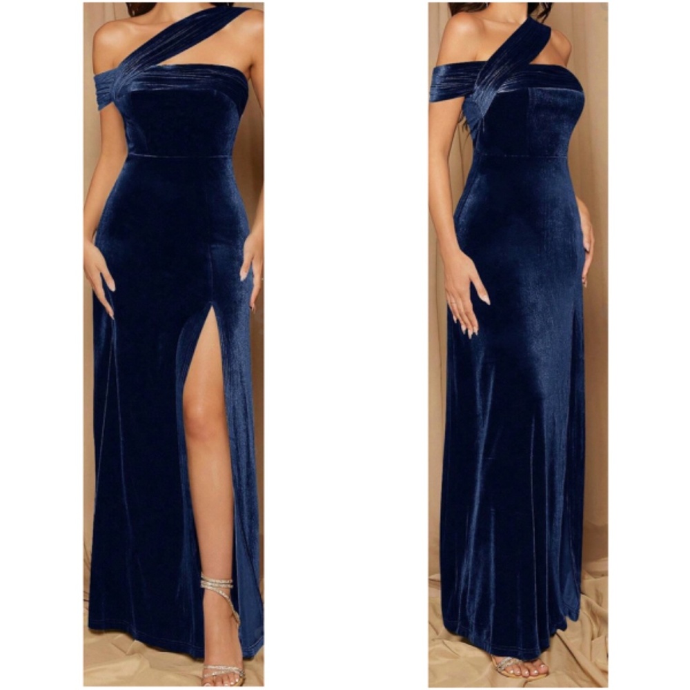 Luxe Teal Blue One Shoulder Velvet Evening Wedding Formal Maxi Dress - Picture 3 of 11